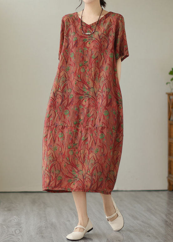 Organic Red V Neck Print Patchwork Cotton Long Dresses Summer LY3930 - fabuloryshop