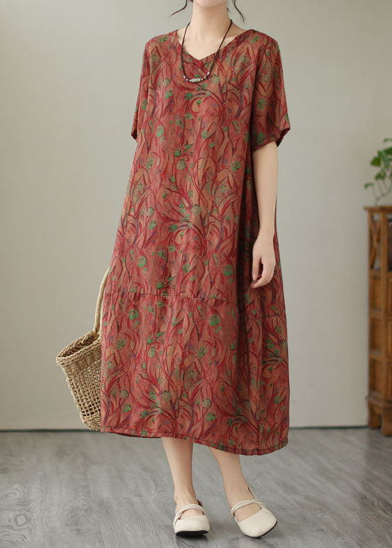 Organic Red V Neck Print Patchwork Cotton Long Dresses Summer LY3930 - fabuloryshop