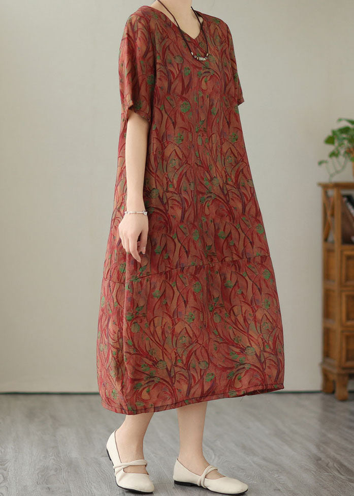 Organic Red V Neck Print Patchwork Cotton Long Dresses Summer LY3930 - fabuloryshop