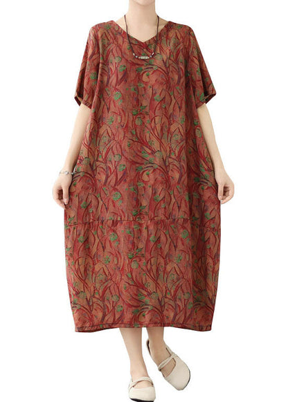 Organic Red V Neck Print Patchwork Cotton Long Dresses Summer LY3930 - fabuloryshop