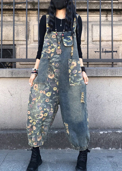 Organic Slash Neck Print Patchwork Denim Jumpsuit Spring LY1281 - fabuloryshop