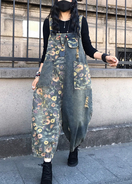 Organic Slash Neck Print Patchwork Denim Jumpsuit Spring LY1281 - fabuloryshop