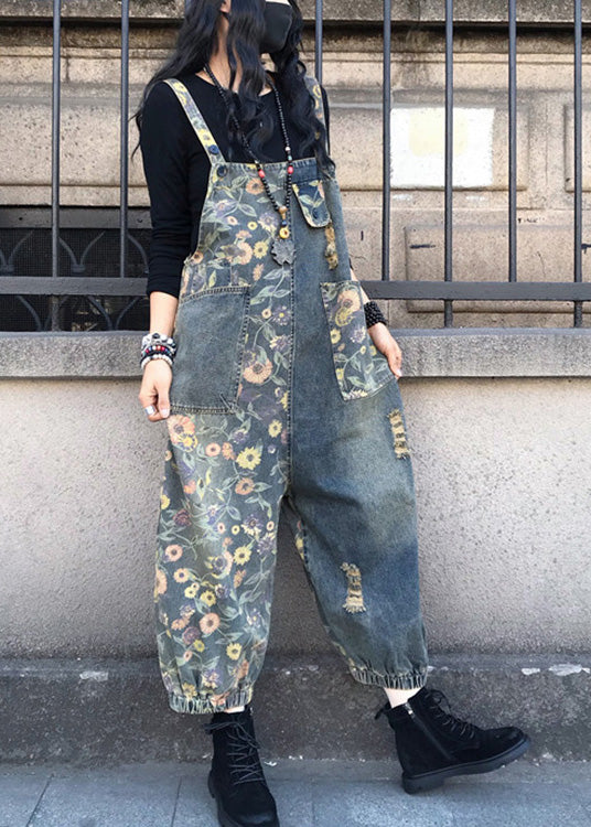 Organic Slash Neck Print Patchwork Denim Jumpsuit Spring LY1281 - fabuloryshop