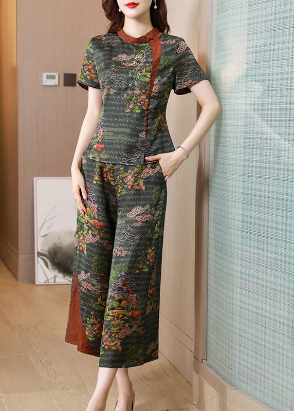 Organic Tea Green Stand Collar Patchwork Print Slim Fit Silk Two Pieces Set Summer LY0699 - fabuloryshop