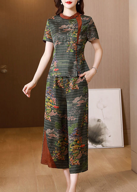 Organic Tea Green Stand Collar Patchwork Print Slim Fit Silk Two Pieces Set Summer LY0699 - fabuloryshop