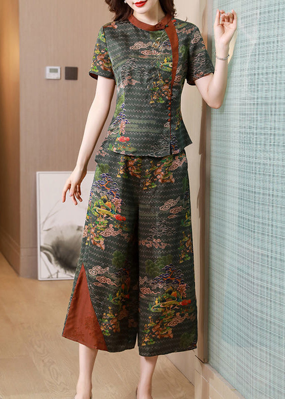 Organic Tea Green Stand Collar Patchwork Print Slim Fit Silk Two Pieces Set AC3005