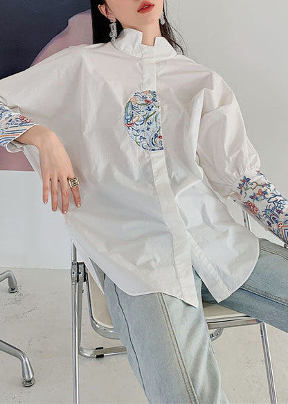 Organic White Embroideried Patchwork Cotton Shirt Spring LY0756 - fabuloryshop