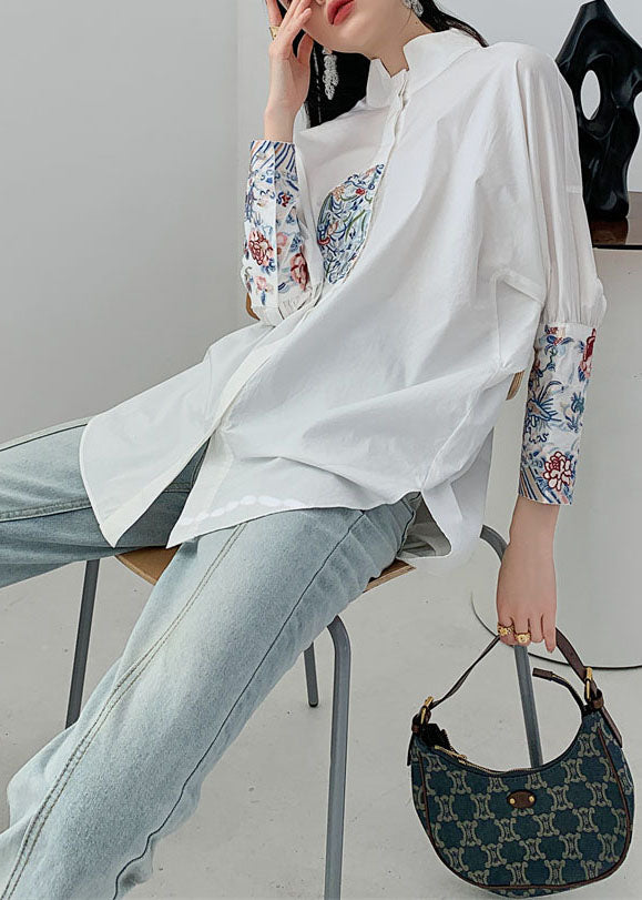 Organic White Embroideried Patchwork Cotton Shirt Spring LY0756 - fabuloryshop