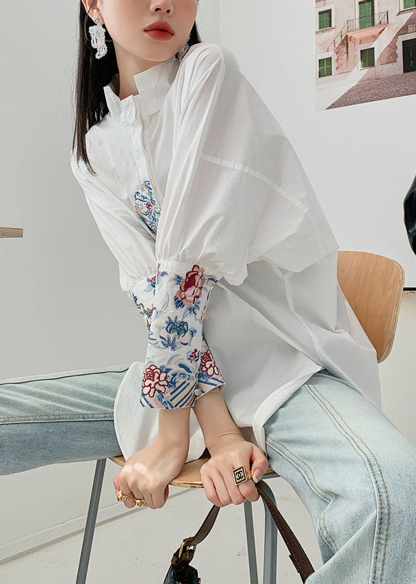 Organic White Embroideried Patchwork Cotton Shirt Spring LY0756 - fabuloryshop