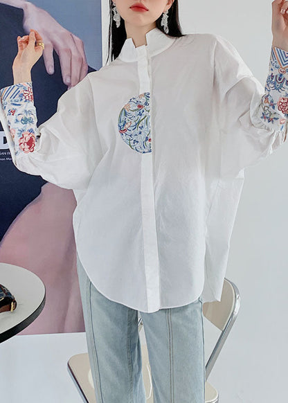 Organic White Embroideried Patchwork Cotton Shirt Spring LY0756 - fabuloryshop