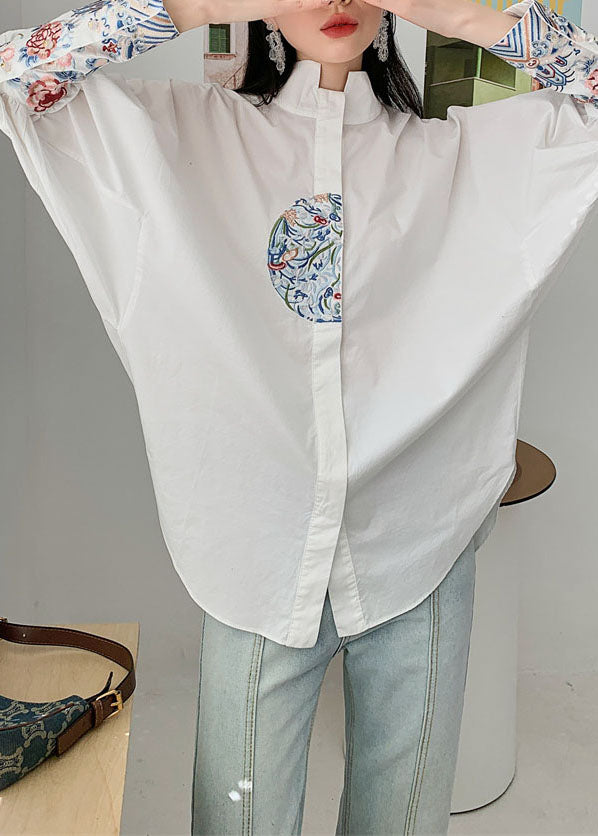 Organic White Embroideried Patchwork Cotton Shirt Spring LY0756 - fabuloryshop