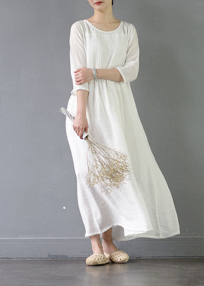 Organic White O Neck Wrinkled Patchwork Long Cotton Dress Spring LC0434 - fabuloryshop