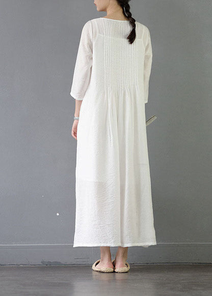 Organic White O Neck Wrinkled Patchwork Long Cotton Dress Spring LC0434 - fabuloryshop