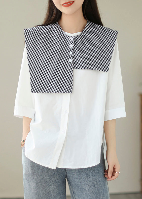 Organic White Plaid Button Shawl And Shirts Two Pieces Set Summer LY4913 - fabuloryshop