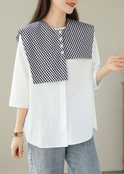 Organic White Plaid Button Shawl And Shirts Two Pieces Set Summer LY4913 - fabuloryshop