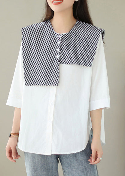 Organic White Plaid Button Shawl And Shirts Two Pieces Set Summer LY4913 - fabuloryshop