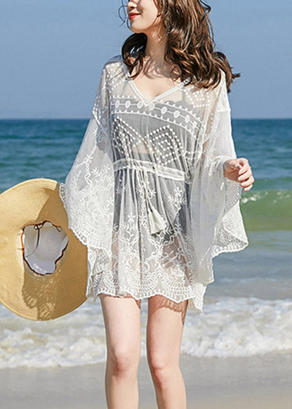 Organic White V Neck Lace Bikini Cover Ups Long Sleeve LY3030 - fabuloryshop