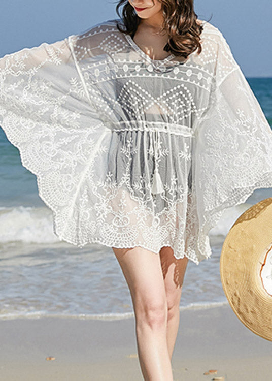 Organic White V Neck Lace Bikini Cover Ups Long Sleeve LY3030 - fabuloryshop