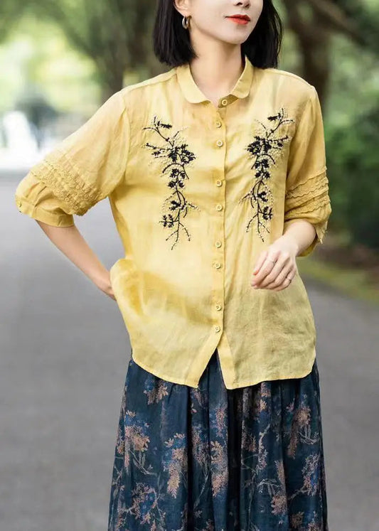 Organic Yellow Embroideried Lace Patchwork Ramie Shirts Fall Ada Fashion