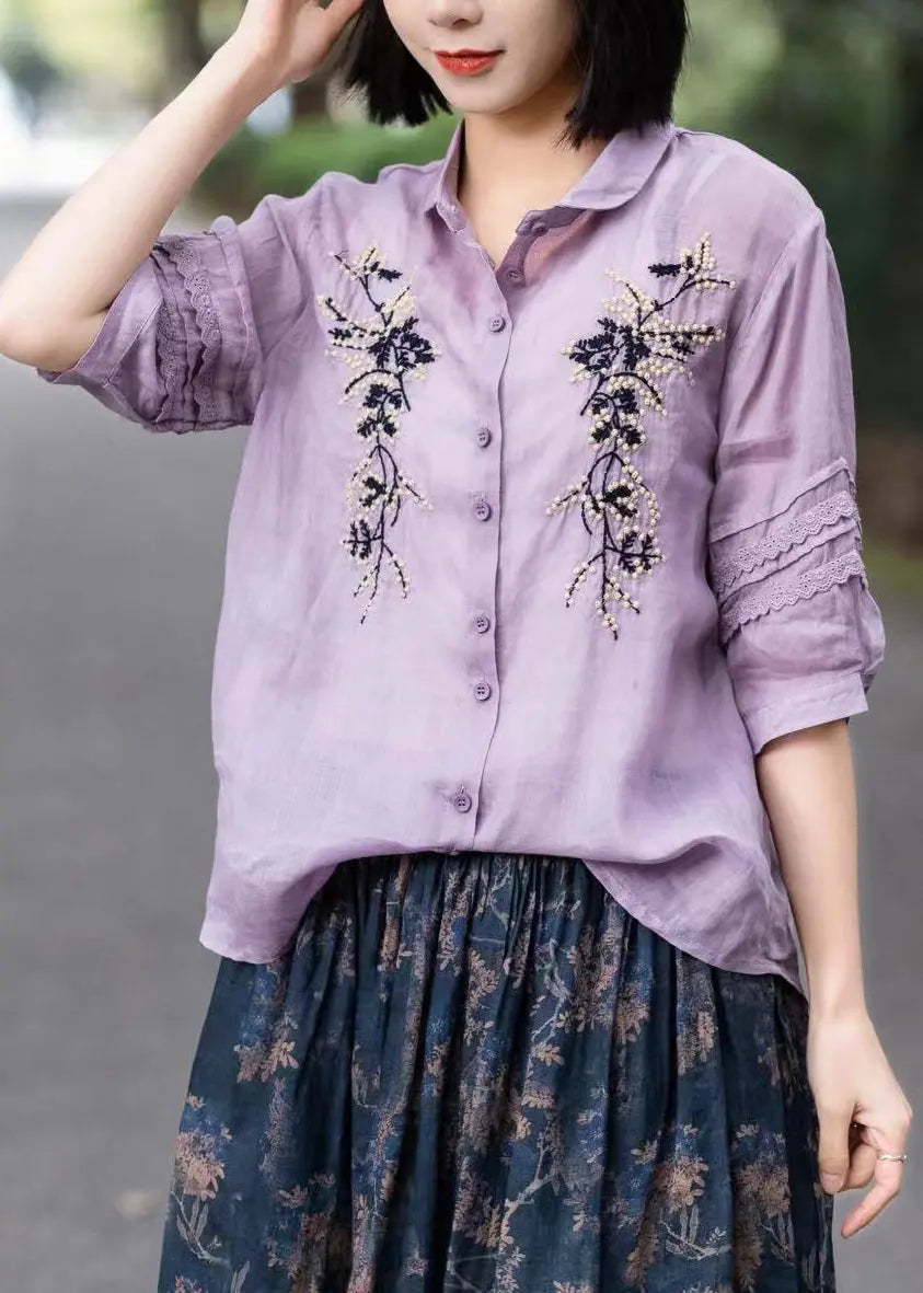 Organic Yellow Embroideried Lace Patchwork Ramie Shirts Fall Ada Fashion