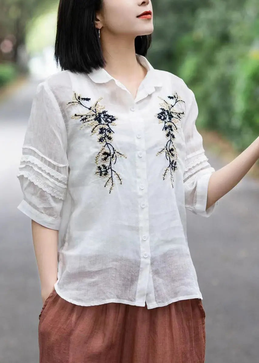 Organic Yellow Embroideried Lace Patchwork Ramie Shirts Fall Ada Fashion