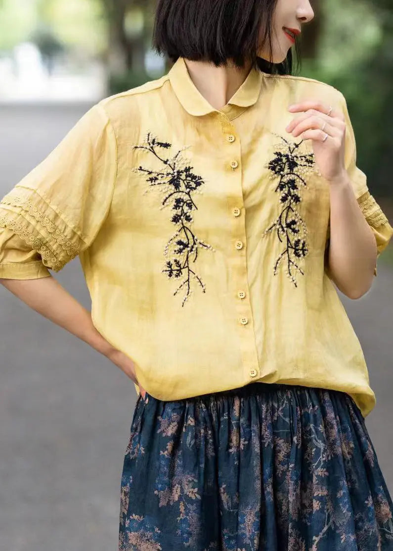 Organic Yellow Embroideried Lace Patchwork Ramie Shirts Fall Ada Fashion