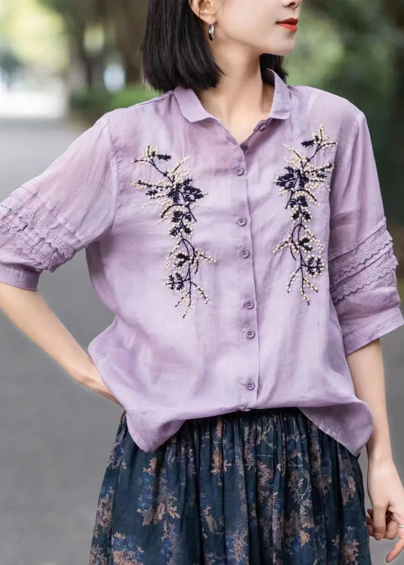 Organic Yellow Embroideried Lace Patchwork Ramie Shirts Fall Ada Fashion