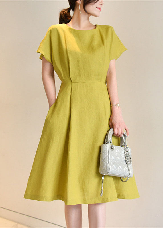 Organic Yellow O Neck Bow Wrinkled Cotton Mid Dress Summer LY2115 - fabuloryshop