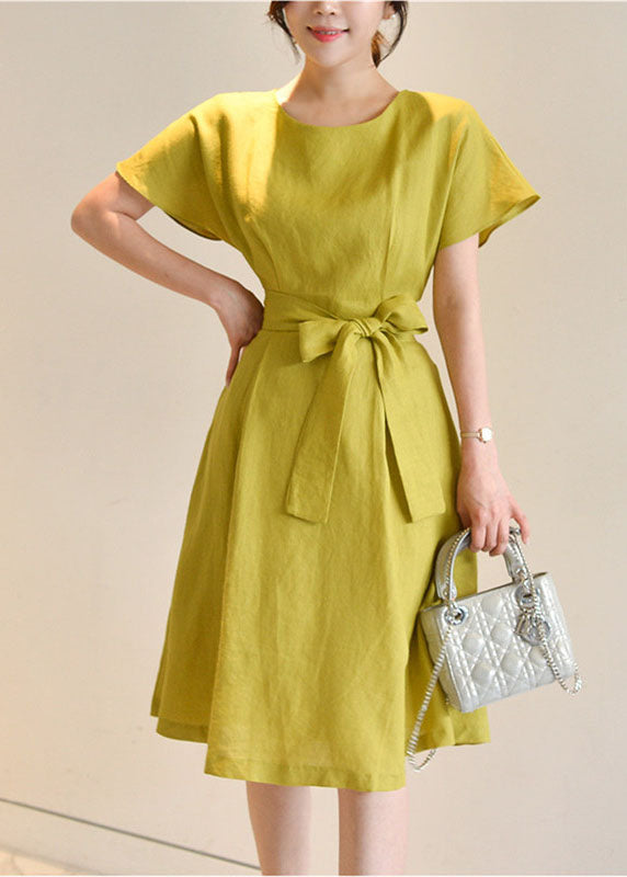 Organic Yellow O Neck Bow Wrinkled Cotton Mid Dress Summer LY2115 - fabuloryshop