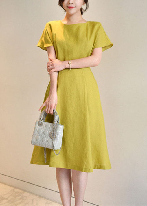 Organic Yellow O Neck Bow Wrinkled Cotton Mid Dress Summer LY2115 - fabuloryshop