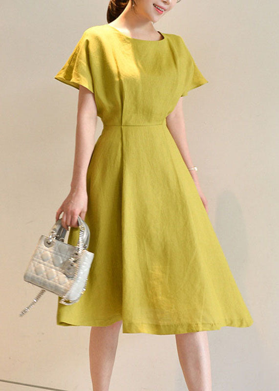 Organic Yellow O Neck Bow Wrinkled Cotton Mid Dress Summer LY2115 - fabuloryshop