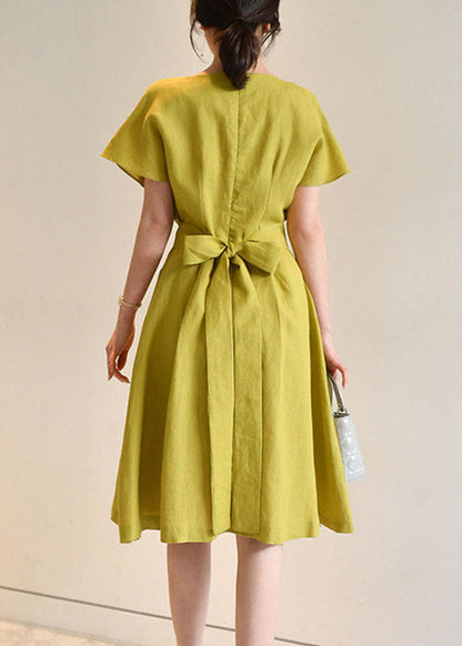 Organic Yellow O Neck Bow Wrinkled Cotton Mid Dress Summer LY2115 - fabuloryshop