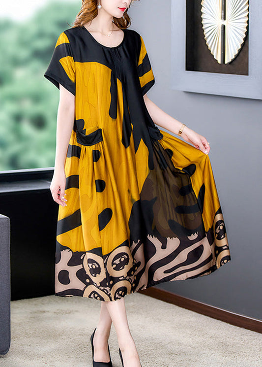 Organic Yellow O-Neck Print Silk Long Dresses Summer Ada Fashion