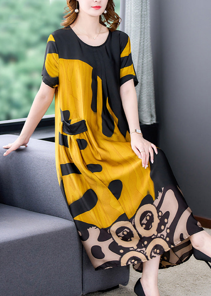 Organic Yellow O-Neck Print Silk Long Dresses Summer Ada Fashion