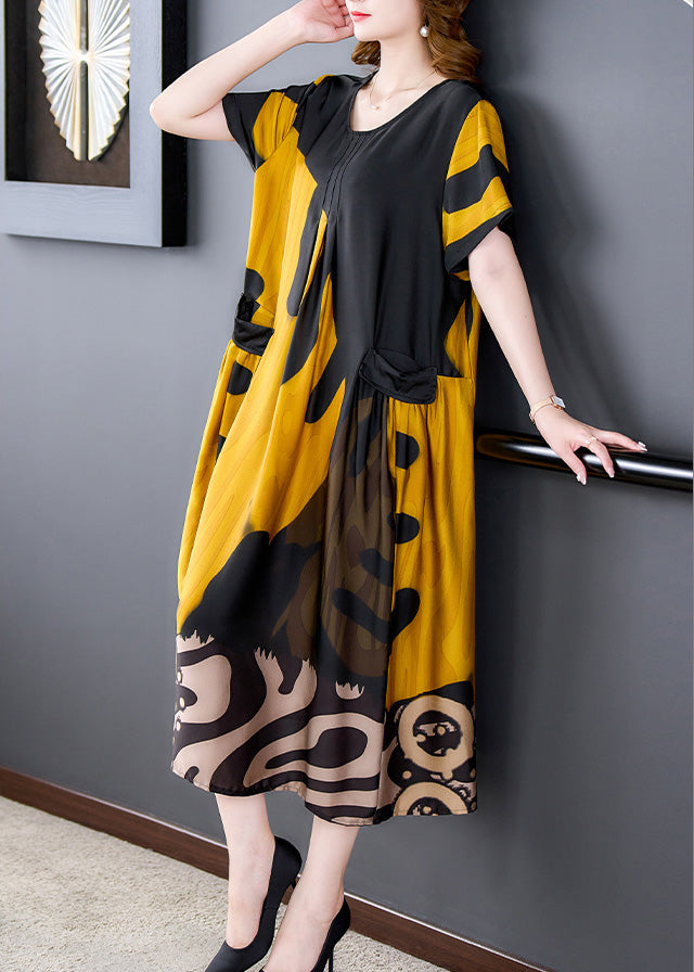 Organic Yellow O-Neck Print Silk Long Dresses Summer Ada Fashion