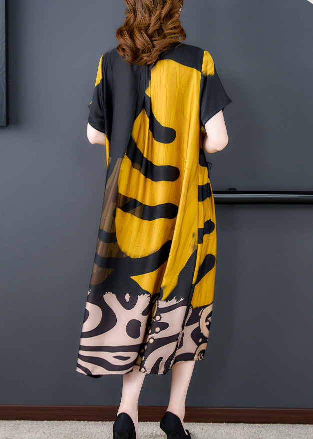 Organic Yellow O-Neck Print Silk Long Dresses Summer Ada Fashion