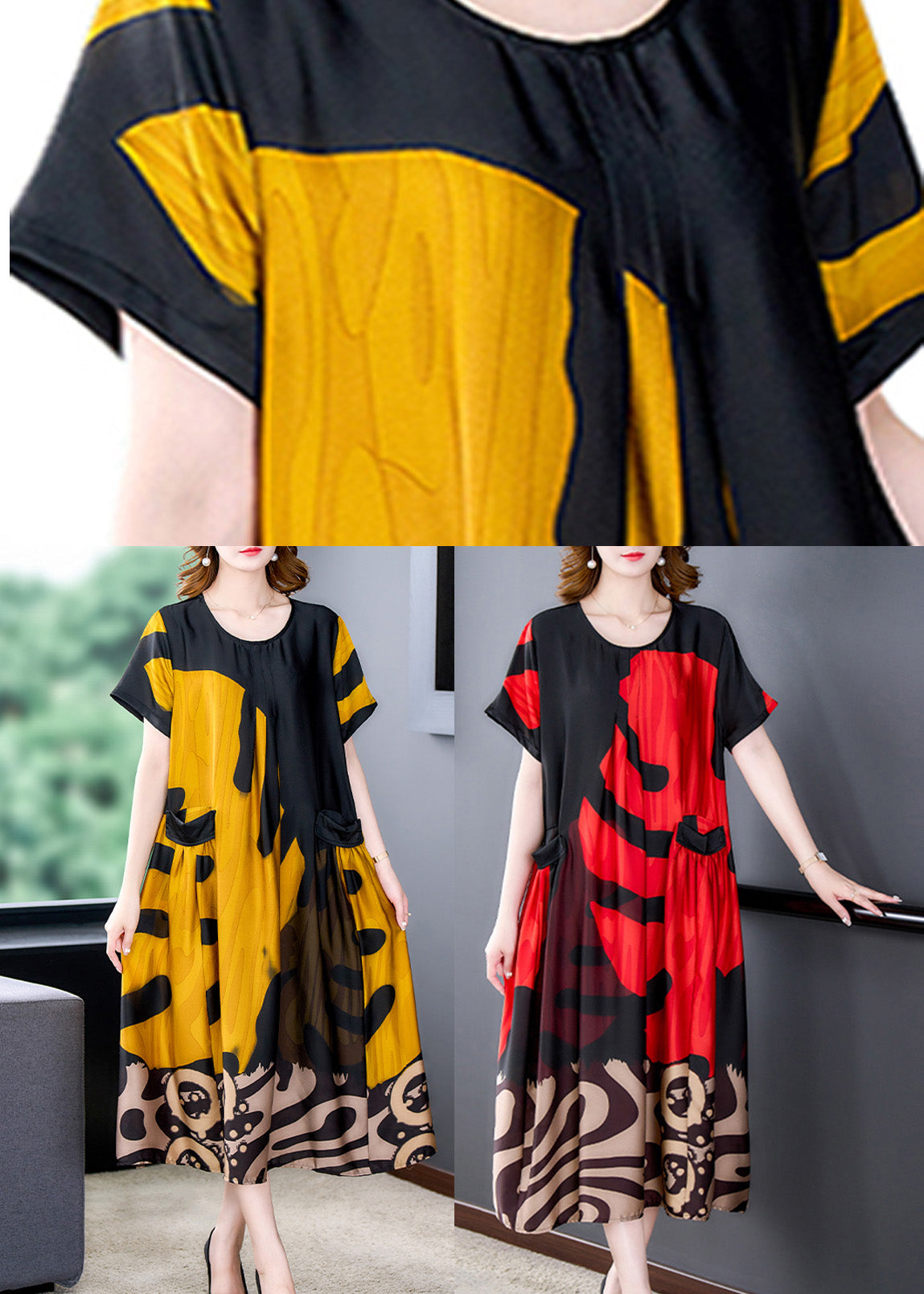 Organic Yellow O-Neck Print Silk Long Dresses Summer Ada Fashion