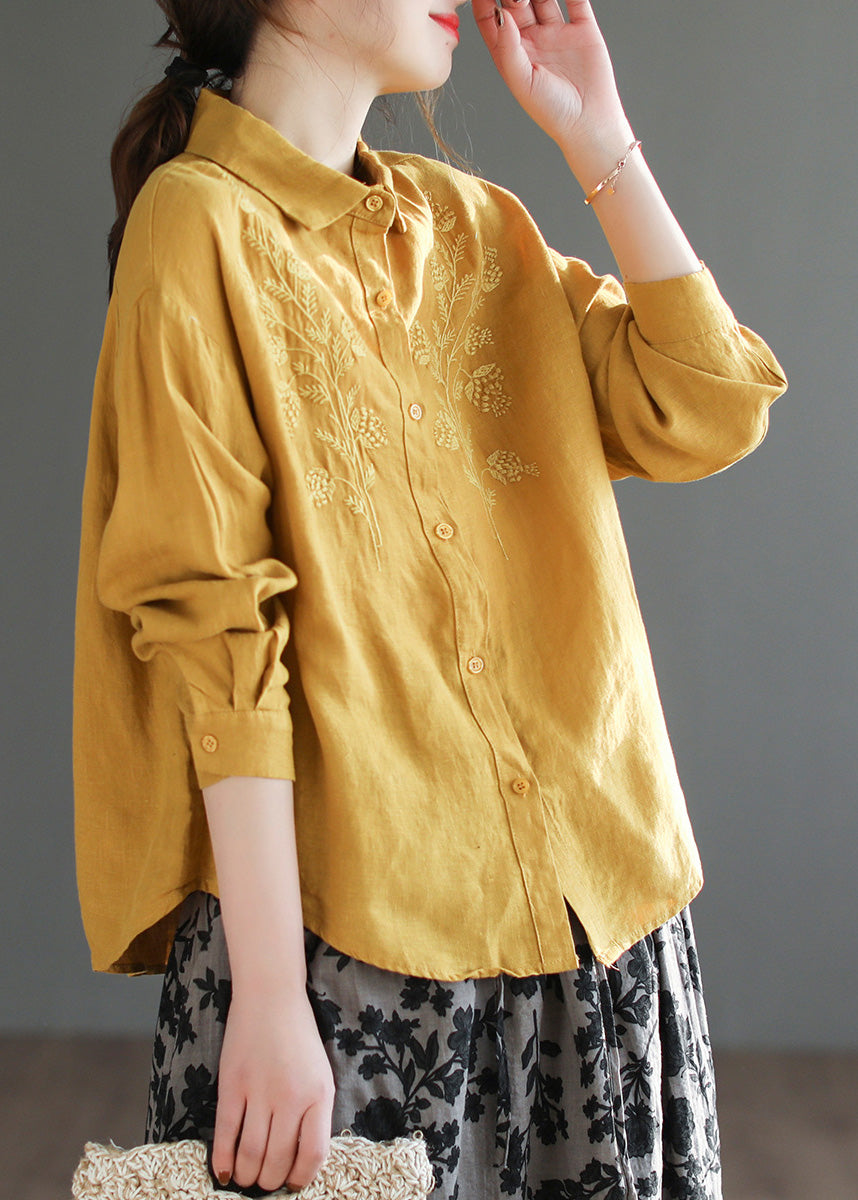 Organic Yellow Peter Pan Collar Embroideried Button Linen Shirts Long Sleeve LY4999 - fabuloryshop