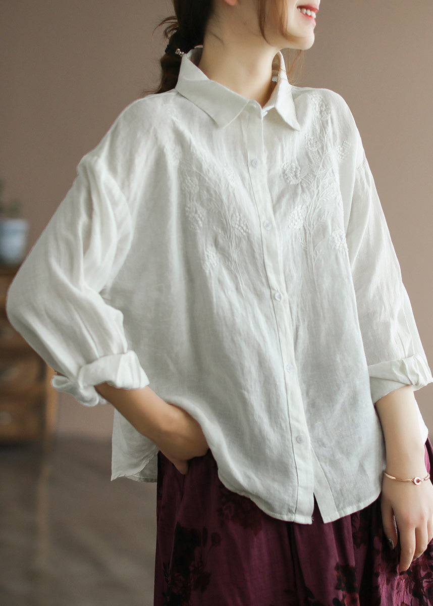 Organic Yellow Peter Pan Collar Embroideried Button Linen Shirts Long Sleeve LY4999 - fabuloryshop