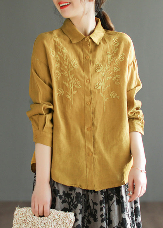 Organic Yellow Peter Pan Collar Embroideried Button Linen Shirts Long Sleeve LY4999 - fabuloryshop