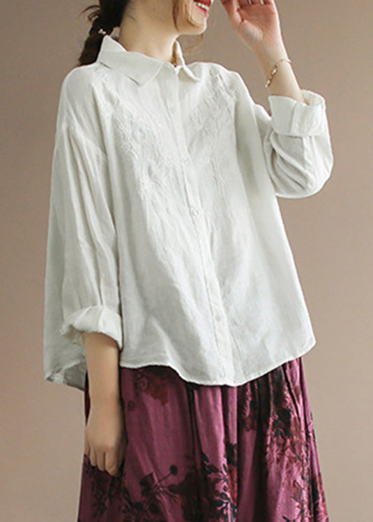 Organic Yellow Peter Pan Collar Embroideried Button Linen Shirts Long Sleeve LY4999 - fabuloryshop