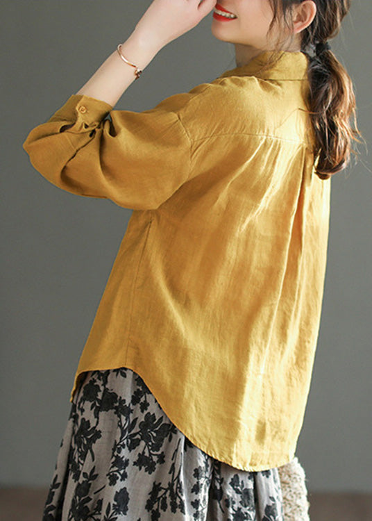 Organic Yellow Peter Pan Collar Embroideried Button Linen Shirts Long Sleeve LY4999 - fabuloryshop