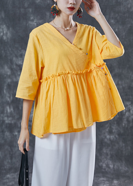 Organic Yellow Ruffled Exra Large Hem Cotton Shirt Top Summer TA1060 - fabuloryshop