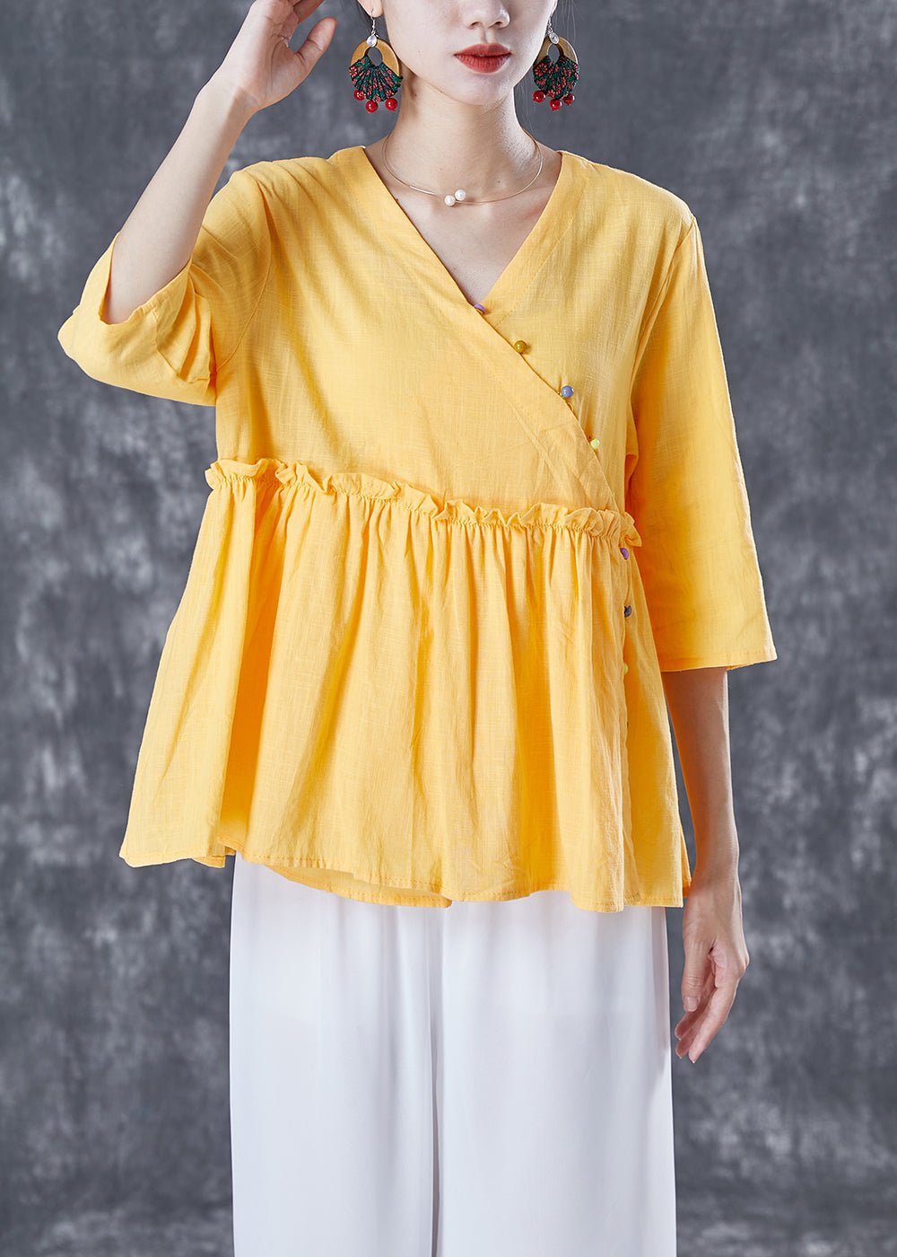 Organic Yellow Ruffled Exra Large Hem Cotton Shirt Top Summer TA1060 - fabuloryshop