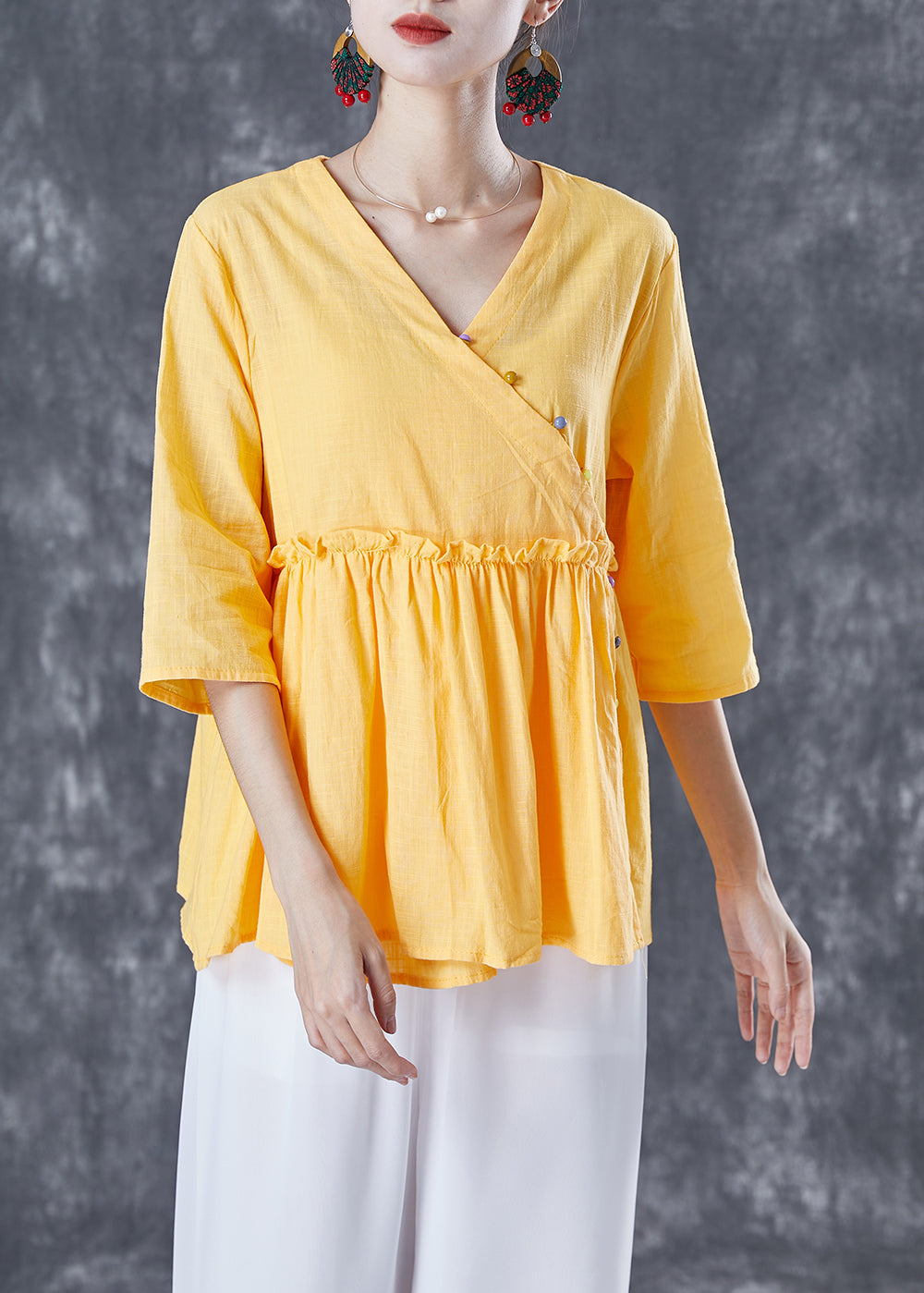 Organic Yellow Ruffled Exra Large Hem Cotton Shirt Top Summer TA1060 - fabuloryshop