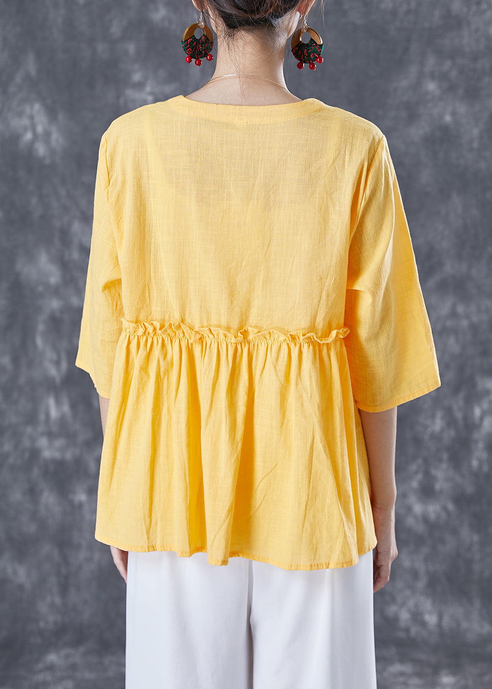 Organic Yellow Ruffled Exra Large Hem Cotton Shirt Top Summer TA1060 - fabuloryshop