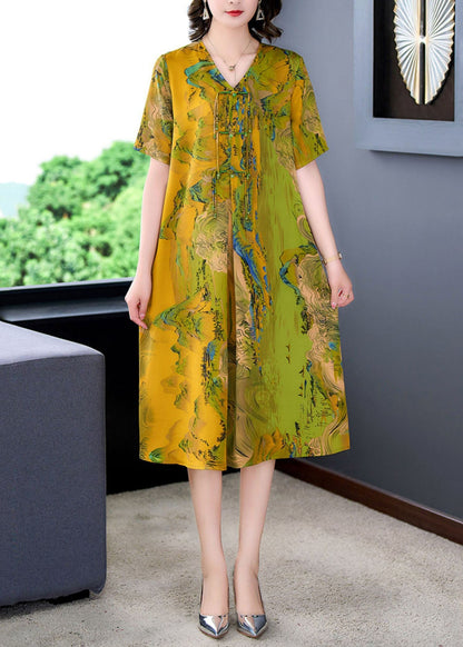 Organic Yellow Tasseled Print Patchwork Silk Dress Summer LY5972 Ada Fashion