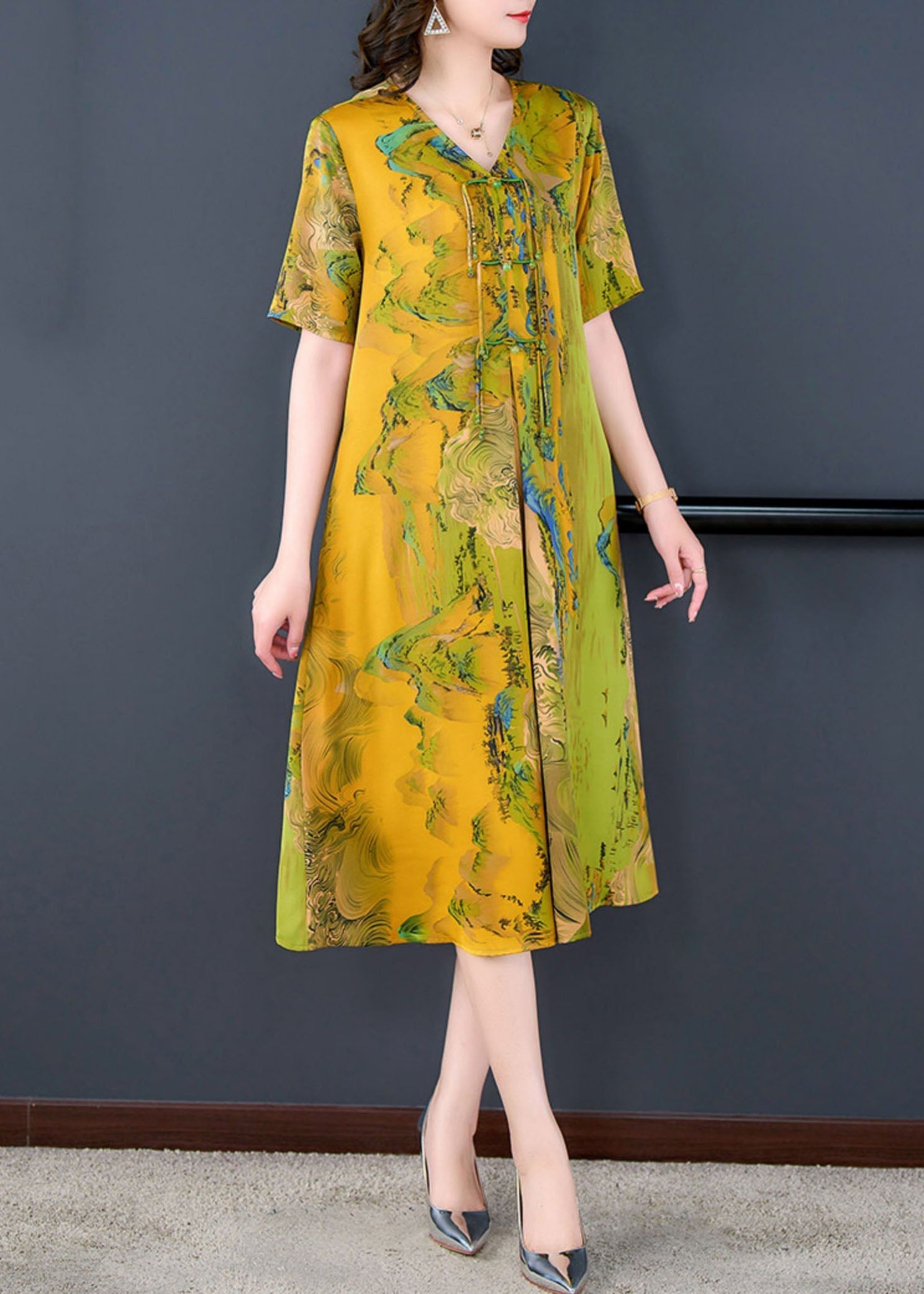 Organic Yellow Tasseled Print Patchwork Silk Dress Summer LY5972 Ada Fashion