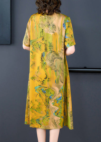 Organic Yellow Tasseled Print Patchwork Silk Dress Summer LY5972 Ada Fashion