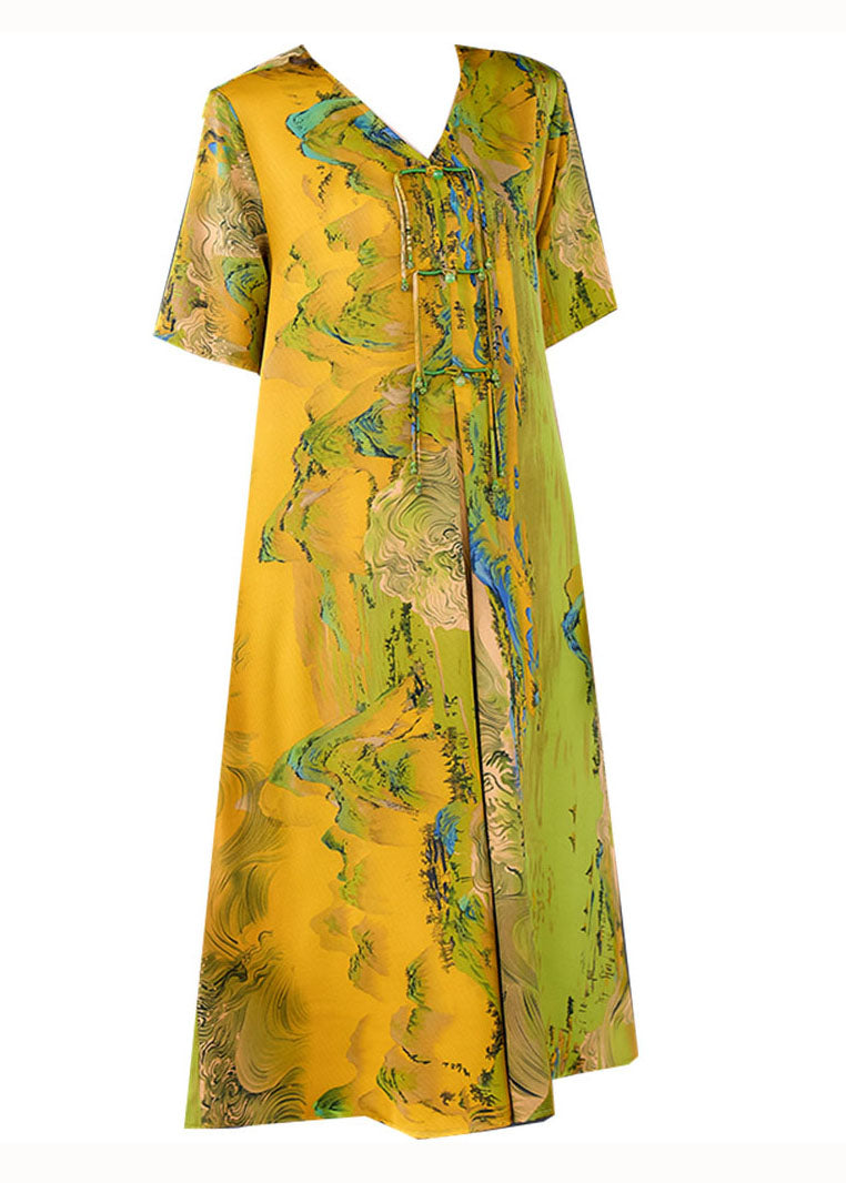 Organic Yellow Tasseled Print Patchwork Silk Dress Summer LY5972 Ada Fashion